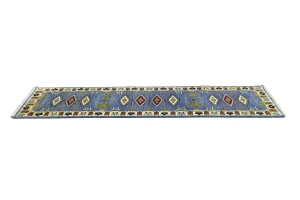 Blue Geometric 3X10 Kazak Oriental Runner Rug