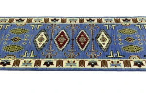 Blue Geometric 3X10 Kazak Oriental Runner Rug