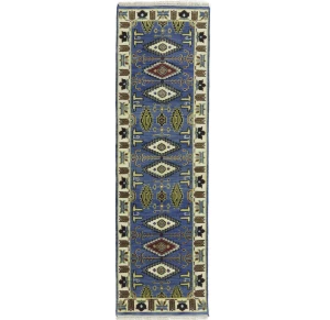Blue Geometric 3X8 Kazak Oriental Runner Rug