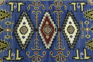 Blue Geometric 3X8 Kazak Oriental Runner Rug