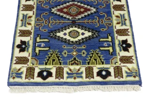 Blue Geometric 3X8 Kazak Oriental Runner Rug