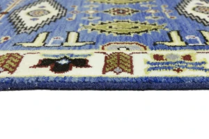 Blue Geometric 3X8 Kazak Oriental Runner Rug