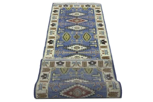 Blue Geometric 3X8 Kazak Oriental Runner Rug
