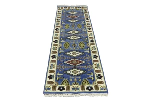 Blue Geometric 3X8 Kazak Oriental Runner Rug
