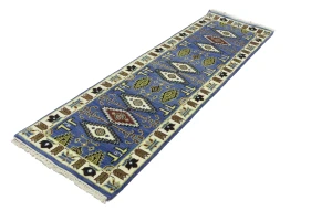 Blue Geometric 3X8 Kazak Oriental Runner Rug