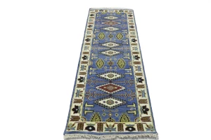 Blue Geometric 3X8 Kazak Oriental Runner Rug