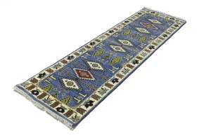 Blue Geometric 3X8 Kazak Oriental Runner Rug
