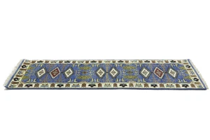 Blue Geometric 3X8 Kazak Oriental Runner Rug