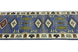 Blue Geometric 3X8 Kazak Oriental Runner Rug
