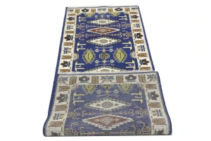 Navy Blue Geometric 3X8 Kazak Oriental Runner Rug