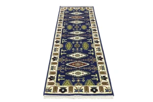 Navy Blue Geometric 3X8 Kazak Oriental Runner Rug