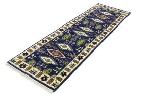 Navy Blue Geometric 3X8 Kazak Oriental Runner Rug