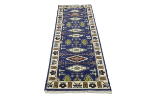 Navy Blue Geometric 3X8 Kazak Oriental Runner Rug