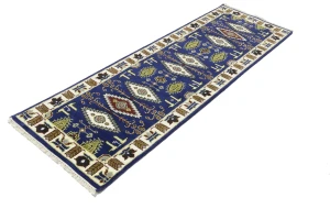 Navy Blue Geometric 3X8 Kazak Oriental Runner Rug