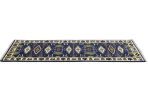 Navy Blue Geometric 3X8 Kazak Oriental Runner Rug