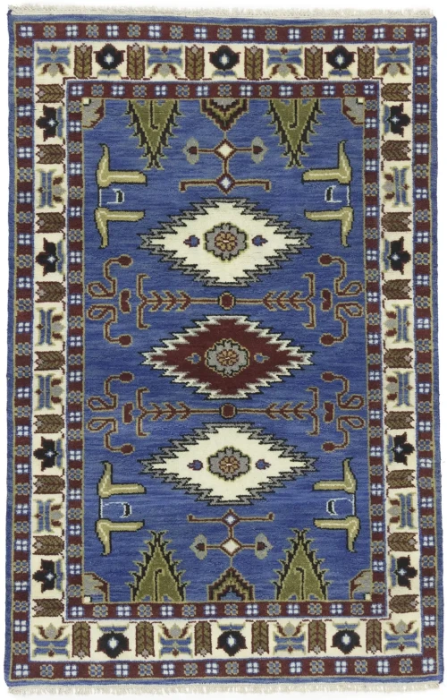 Blue Geometric 4X6 Kazak Oriental Rug