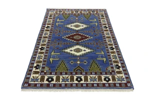 Blue Geometric 4X6 Kazak Oriental Rug