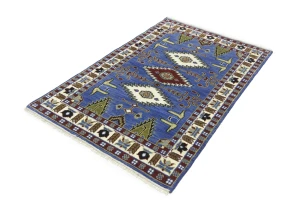 Blue Geometric 4X6 Kazak Oriental Rug