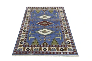 Blue Geometric 4X6 Kazak Oriental Rug