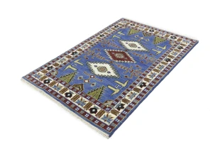 Blue Geometric 4X6 Kazak Oriental Rug