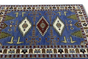Blue Geometric 4X6 Kazak Oriental Rug