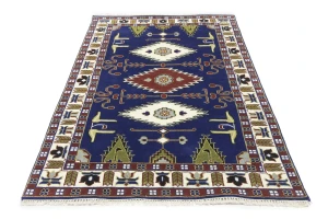Navy Blue Geometric 5X8 Kazak Oriental Rug