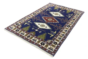 Navy Blue Geometric 5X8 Kazak Oriental Rug