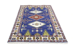 Navy Blue Geometric 5X8 Kazak Oriental Rug