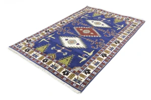 Navy Blue Geometric 5X8 Kazak Oriental Rug