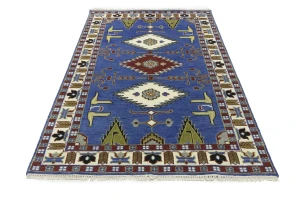 Blue Geometric 5X8 Kazak Oriental Rug