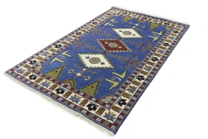 Blue Geometric 5X8 Kazak Oriental Rug