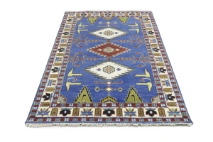 Blue Geometric 5X8 Kazak Oriental Rug