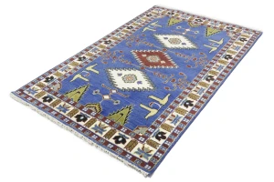 Blue Geometric 5X8 Kazak Oriental Rug