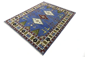 Blue Geometric 8X10 Kazak Oriental Rug