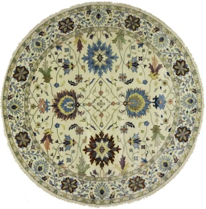 Cream Floral 10X10 Osh Chobi Peshawar Oriental Round Rug