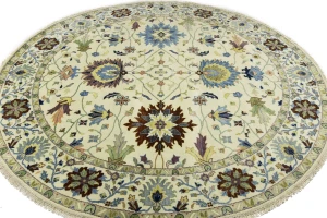 Cream Floral 10X10 Osh Chobi Peshawar Oriental Round Rug