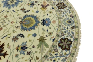 Cream Floral 10X10 Osh Chobi Peshawar Oriental Round Rug