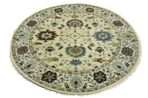 Cream Floral 8X8 Osh Chobi Peshawar Oriental Round Rug