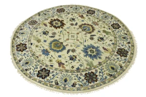 Cream Floral 8X8 Osh Chobi Peshawar Oriental Round Rug