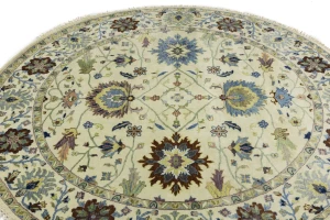 Cream Floral 8X8 Osh Chobi Peshawar Oriental Round Rug