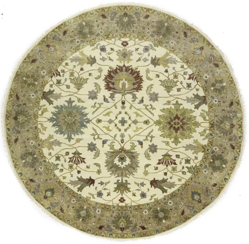 Cream Floral Traditional 10X10 Oushak Chobi Oriental Round Rug