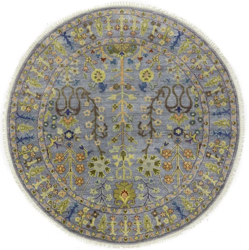 Silver Floral Traditional 6X6 Oushak Chobi Oriental Round Rug