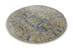 Silver Floral Traditional 6X6 Oushak Chobi Oriental Round Rug