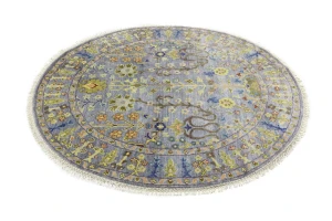 Silver Floral Traditional 6X6 Oushak Chobi Oriental Round Rug