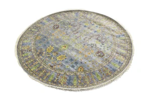 Silver Floral Traditional 8X8 Oushak Chobi Oriental Round Rug