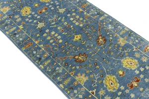 Blue Floral Traditional 3x8 Oushak Chobi Oriental Runner Rug
