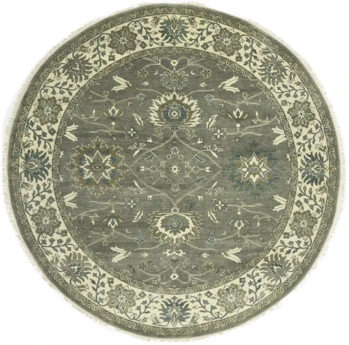 Taupe Floral 8X8 Osh Chobi Peshawar Oriental Round Rug