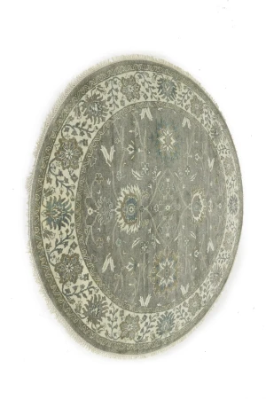 Taupe Floral 8X8 Osh Chobi Peshawar Oriental Round Rug
