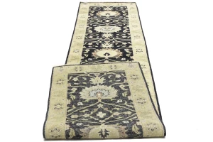 Black Floral Traditional 2'7X11'9 Osh Chobi Oriental Runner Rug
