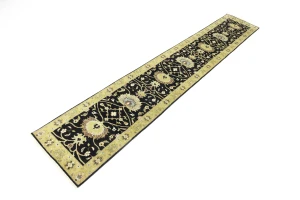 Black Floral Traditional 2'5x13'11 Osh Chobi Oriental Runner Rug